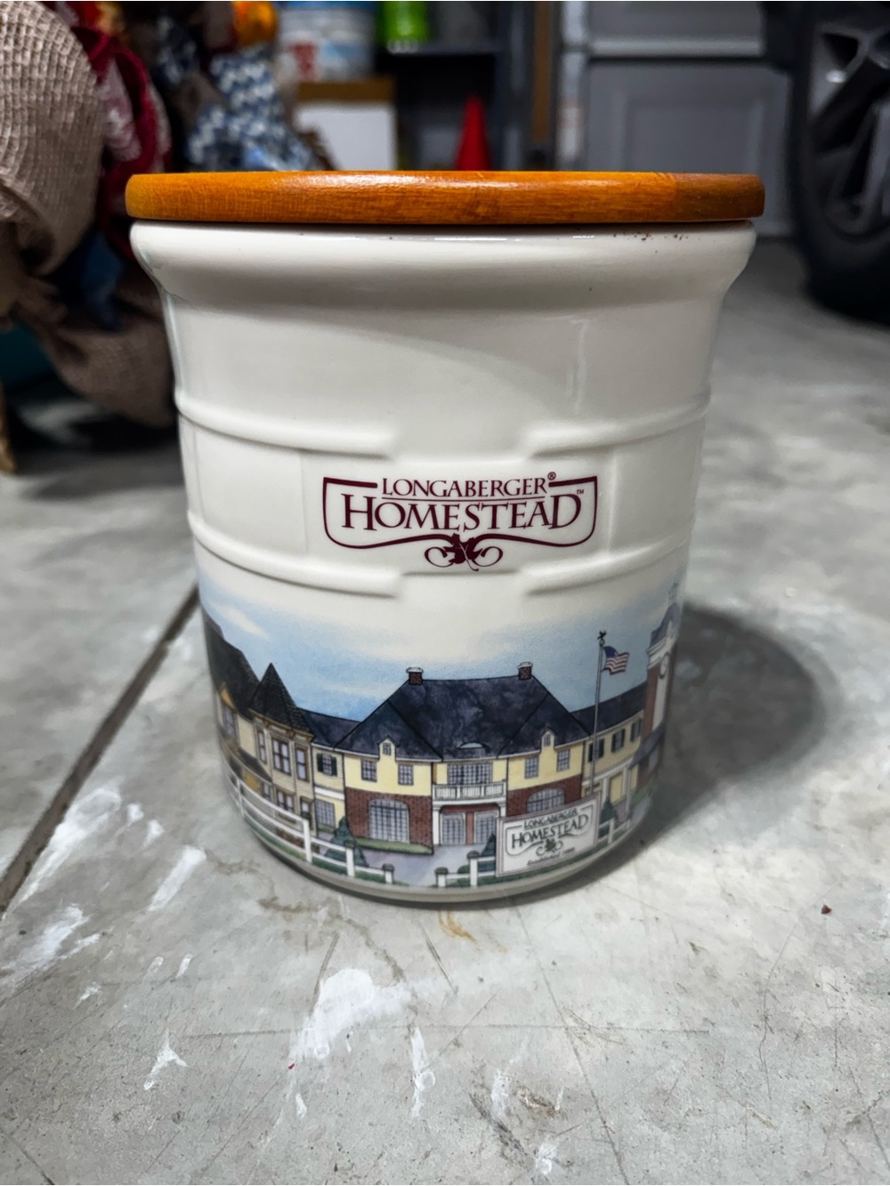 Longaberger Homestead Ceramic Canister with Wood Lid - White, Tan, Blue
